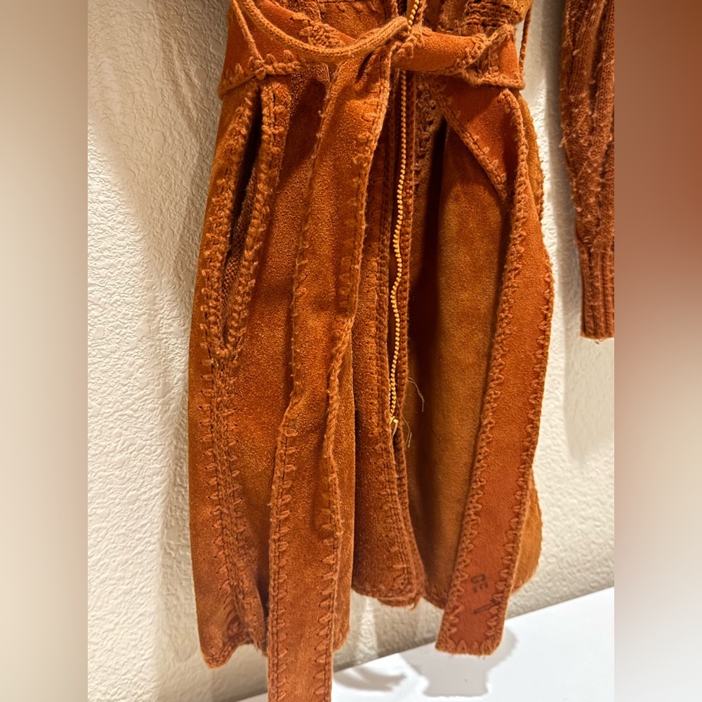 Vintage 1970s Terracotta Leather Suede Knit Crochet Hooded  Jacket Coat, Grunge - Picture 13 of 14
